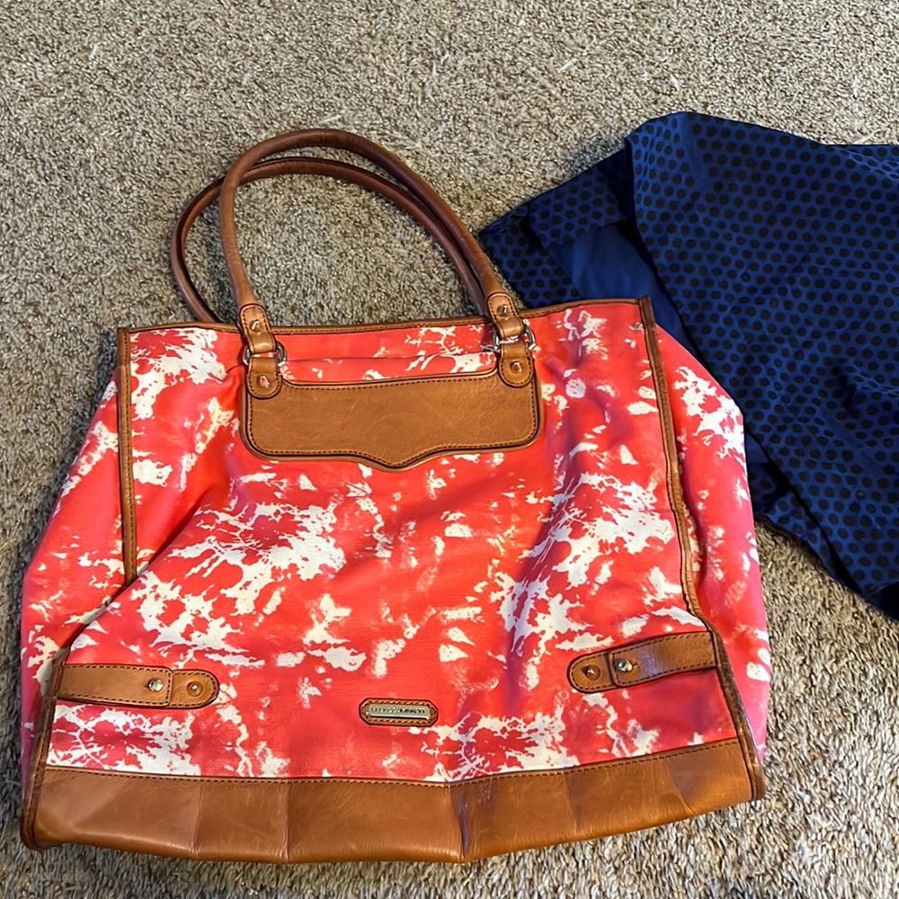 Rebecca Minkoff Orange White Large Coated Canvas Tote, Leather handles trim.